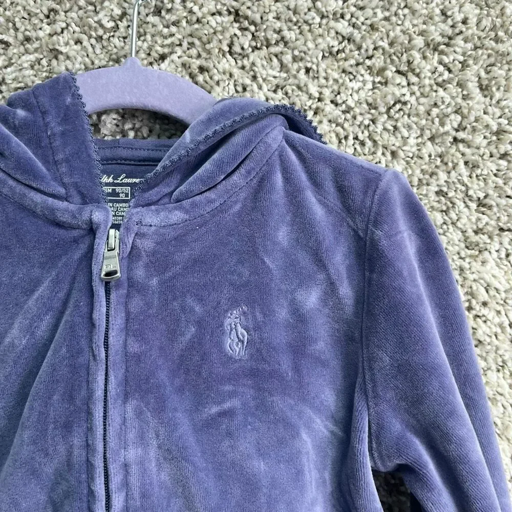 Ralph Lauren Jacket Girls 24M Purple Velour Hooded Full Zip Up Peplum Ruffled He